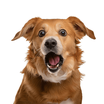 Studio portrait of funny and excited dog face shocked or surprised expression isolated on transparent background. Surprised dog with mouth open die cut style isolated. png