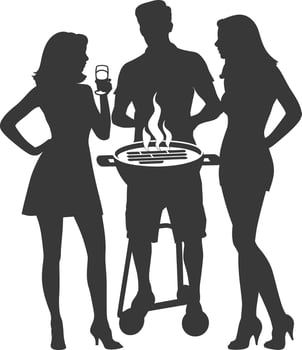 silhouette man and woman in party with barbeque grill black color only vector