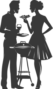 silhouette man and woman in party with barbeque grill black color only vector
