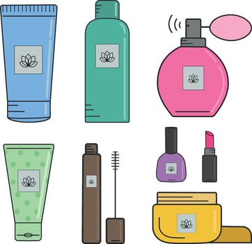 Women's cosmetic set. Hand and face cream, lipstick, perfume, nail polish, mascara and body lotion. Organic cosmetics. A set of colored cosmetic icons. vector
