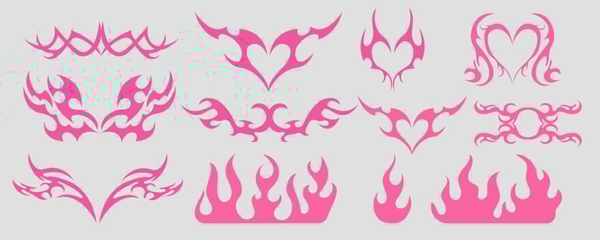 Neo tribal pink emo heart, wings and flame y2k aesthetic tattoo gothic, fire or wings abstract silhouette isolated on background. Divider, border, cyber body ornament, neotribal web goth decoration vector