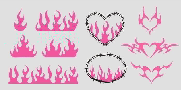 Neo tribal pink emo heart, wings and flame y2k aesthetic tattoo gothic, fire or wings abstract silhouette isolated on background. Divider, border, cyber body ornament, neotribal web goth decoration vector