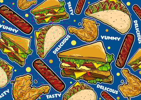 Fast food illustration. A Set of hand drawn fast food background illustrations vector