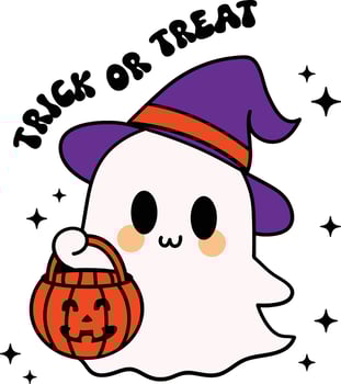 Cute Ghost with Pumpkin Basket and Witch Hat - Trick or Treat Halloween Illustration Hand drawn Cartoon Design vector