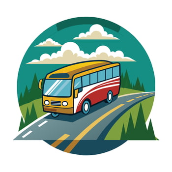 Yellow School Bus Driving On A Winding Road Through Forest vector