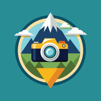 A Yellow Camera In Front Of A Mountain Landscape vector