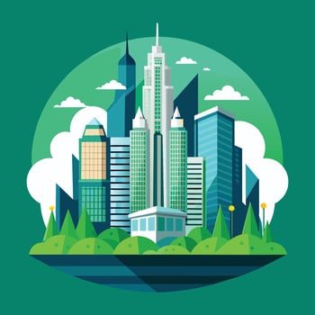 Modern Cityscape With Green Spaces and Tall Buildings on a Cloudy Day vector