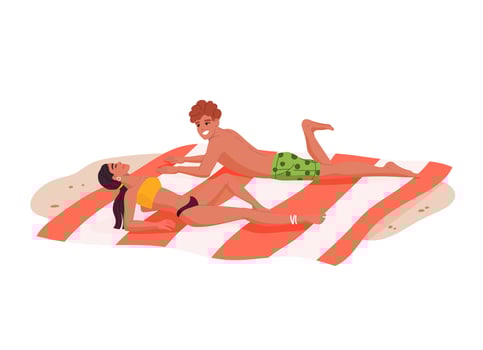 Young man and woman sunbathing on the beach sand vector