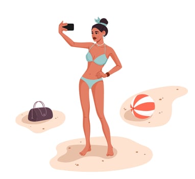 Young woman in bikini, taking selfie on beach vector