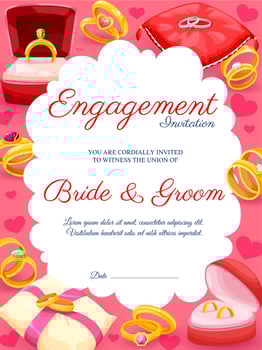 Engagement invitation card, wedding golden rings vector