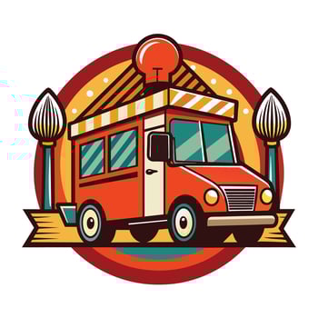 Red Food Truck Illustration With Striped Awning and Light Bulb vector