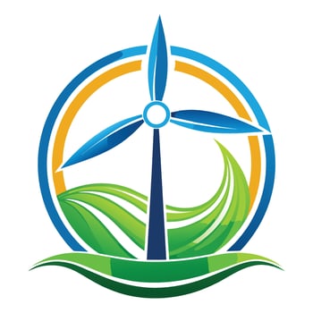 Wind Turbine Logo With Green Fields and Sun vector