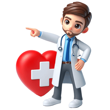 Cartoon doctor character pointing with stethoscope and heart symbol with medical cross on transparent background png