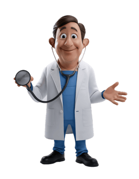 Friendly 3D Cartoon Medical Doctor Character in White Coat Holding Stethoscope with Welcoming Gesture png