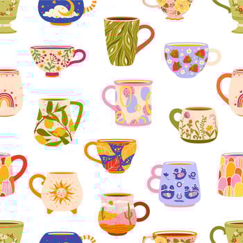 Ceramic tea cups and coffee mugs seamless pattern vector