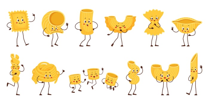 Cartoon pasta characters, italian macaroni food vector
