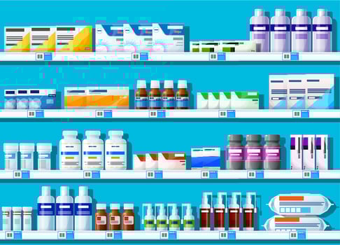 Pharmacy shelf with medicines, drug bottles, pills vector
