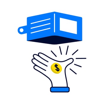 Illustration of a coin that falls into the hand from wallet. Hand drawn cartoon illustration in flat design style. vector