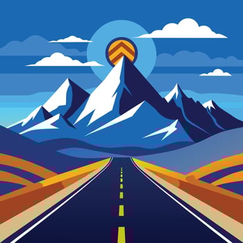 A Winding Road Leading to Majestic Snowy Mountains Under a Sunny Sky vector