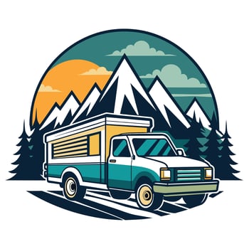 Vintage Camper Van Traveling Through Mountain Pass at Sunset vector