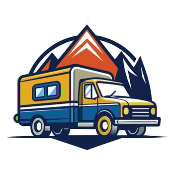 Vintage Camper Van Illustration With Mountain Background vector