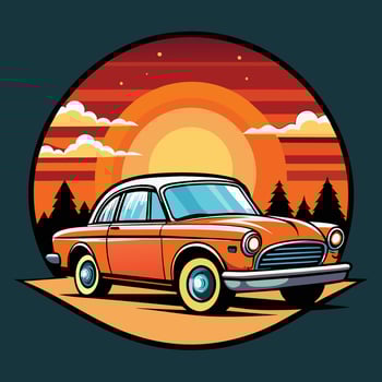 Orange Classic Car Driving Into Sunset Landscape vector