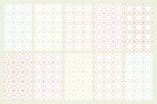 Collection of seamless geometric ornamental patterns. Symmetric oriental design. Eastern repeatable color backgrounds. Grid textures - unusual prints vector