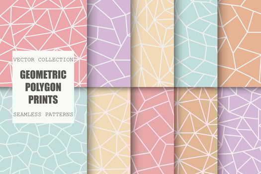 Collection of colorful polygonal geometric patterns. Delicate repeatable abstract backgrounds. Mosaic trendy contemporary prints vector