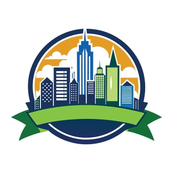 Colorful Cityscape With Green Ribbon and Sunset Sky vector