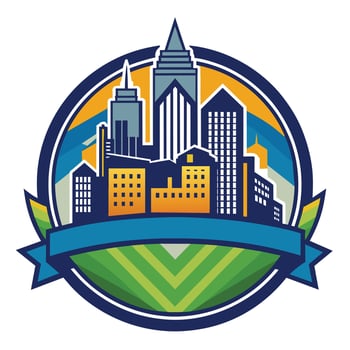 Cityscape Logo Featuring Tall Buildings and Green Field vector