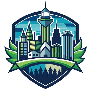 Green City Skyline With Towering Building and Leaf Accents vector