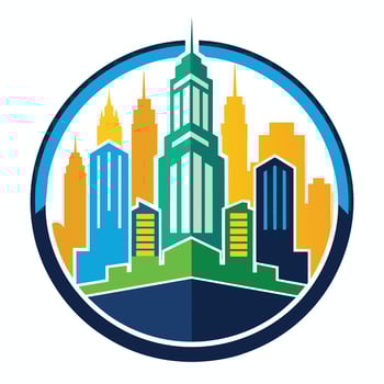 Colorful Cityscape Illustration With Tall Buildings and a Circular Frame vector