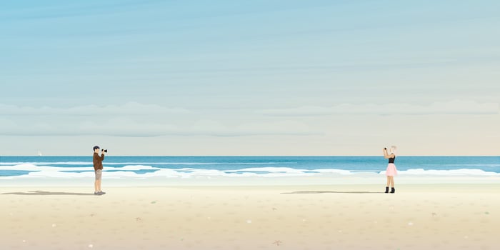 man taking picture by camera and woman taking picture together by smartphone at the beach with tropical blue sea and blue sky background graphic illustration. Journey of sweetheart concept. vector
