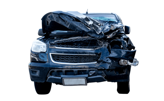 Front view of black pickup truck car get damaged by accident on the road. damaged cars after collision. isolated on transparent background, File png