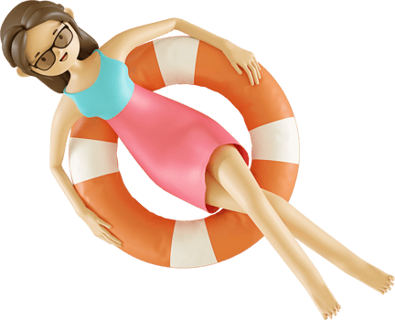 3d woman character floating on the beach using a life buoy png