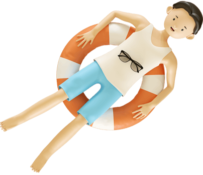 3d man character floating on the beach using a life buoy png