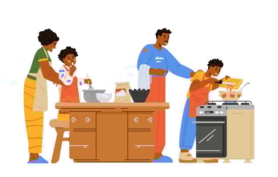 African American family cooking together at home flat illustration isolated on white. Parents with two children preparing food. vector