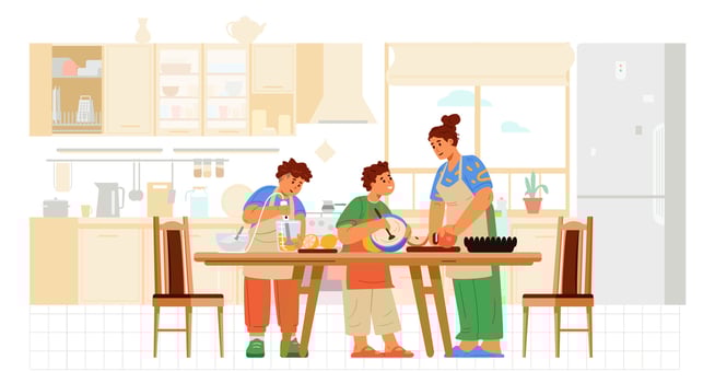 Mother with two sons in aprons cooking in the kitchen flat illustration. Children and woman preparing food together. vector