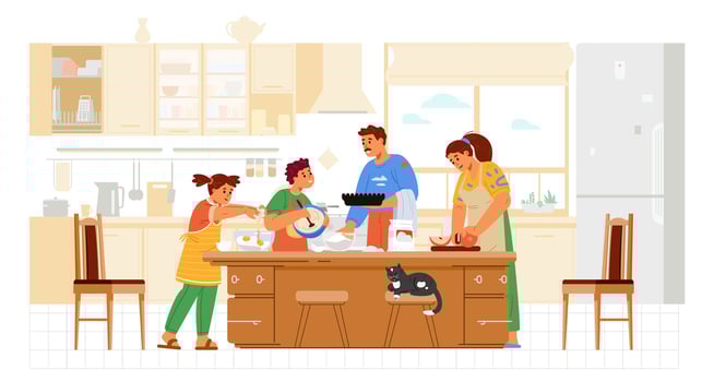 Parents with two children boy and girl cooking together in the kitchen falt illustration. Family spending time together at home. vector