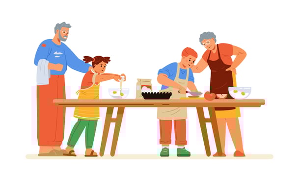 Grandparents with two grandchildren boy and girl cooking together on kitchen table falt illustration isolated on white. vector