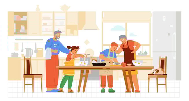 Grandparents with two grandchildren boy and girl cooking together in the kitchen falt illustration. Family spending time together at home. vector
