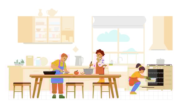 Children of different age cooking together in the kitchen flat illustration. Kids in aprons making dinner. vector