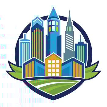 Colorful Cityscape Illustration With Green Fields And Buildings vector
