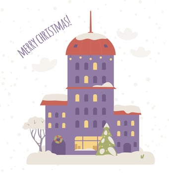 Merry Christmas greeting card with cute snowy house with Christmas decorations flat illustration. vector