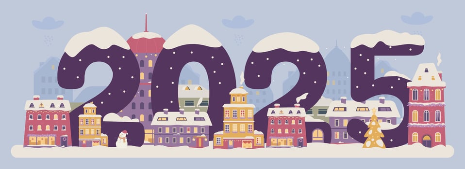 New 2025 year horizontal banner with cute snowy town flat illustration. vector