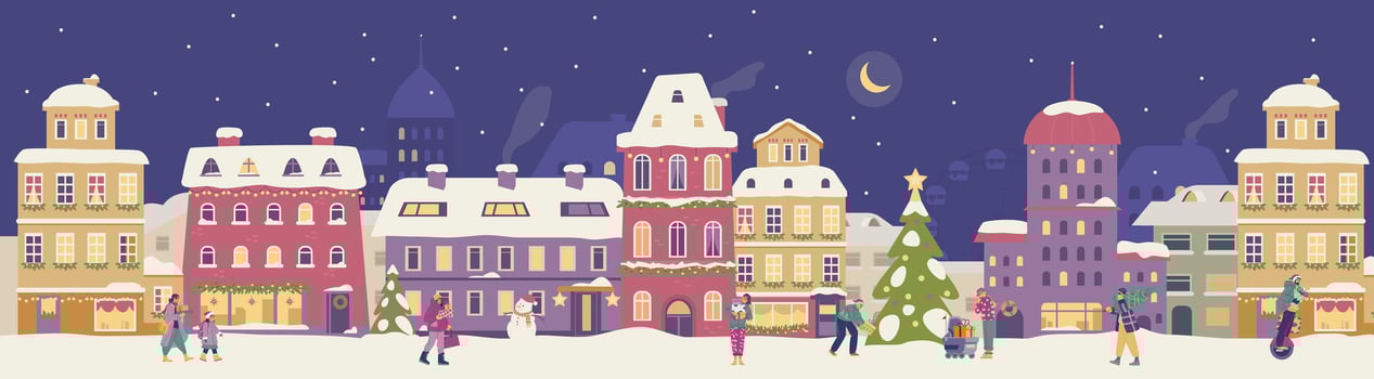 Christmas night city street panorama with cute houses and people walking holding gifts flat illustration. Winter cityscape with snowy houses with Christmas decorations horizontal banner. vector