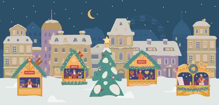 Christmas fair in the European city flat illustration. Winter night cityscape with different shops horizontal banner. vector