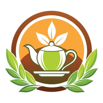 Green Teapot Logo With Brown Circle And Green Leaves vector