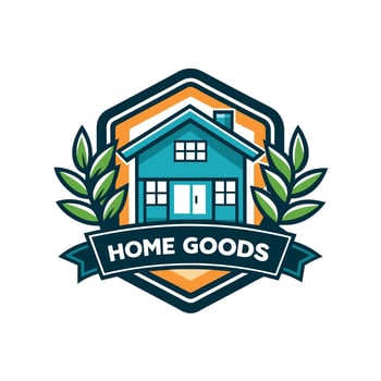 Blue House Home Goods Logo With Green Leaves and Orange Banner vector