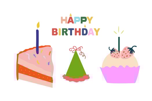 Birthday cake with candle, hats for the holiday and birthday cake. Celebration icons. A set of different items for celebrating a birthday. Card in flat design vector